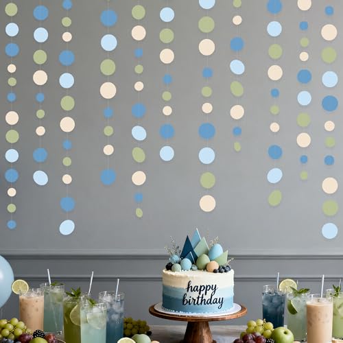 Dusty Blue and Sage Green Beige Polka Dot Garland Olive Green Dusty Blue Cream Nude Hanging Paper Circle Dots Streamer for Birthday Baby Shower Wedding One Silly Goose Theme Party Decorations Supplies - color: Blue Green Beige