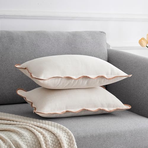 Scalloped Throw Pillow Covers 12x20 Inch Set of 2, Cotton & Linen, Boho Sytle Decorative Couch Bed for Living Room (Beige Pillow & Brown Edge) - color: Beige, size: 20" x 12" (Pack of 2)
