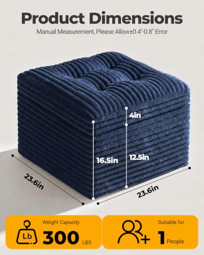 23.6in Pouf Ottoman, Corduroy Ottoman Foot Rest with Dual‑Layer Support, Large Poofy Pouf with Soft Chunk‑Foam Top & Firm Foam Base, Floor Foot Stool for Living Room, Blue - color: Blue