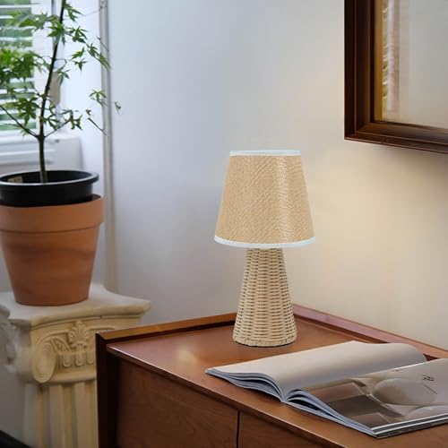 Vintage Small Wicker Lamp, Rattan Body Fabric Lampshade, Adjustable Light Color and Brightness, Power-Off Memory, Safe USB Powered, Boho Style Night Light for Bedroom Living Room (Cone-FlaxYellow) - color: Cone-FlaxYellow