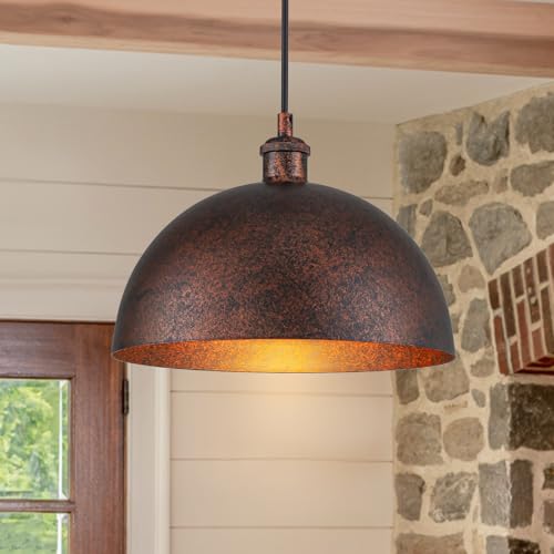 11.8” Industrial Metal Dome Pendant Light, Rust Industrial Pendant Lights for Kitchen Island, Dimmable Hanging Light Fixtures Compatible for Kitchen Island, Dining Room - color: ‎Rust, size: 11.8 in