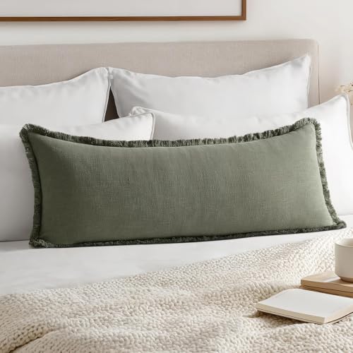 MIULEE Decorative Throw Pillow Covers Neutral Linen Fringe Throw Pillows Set of 1 Light Olive Green Boho Farmhouse Cushion Covers for Couch Sofa Bed Living Room Spring Home Decor 14x36 Inch - color: Light Olive Green