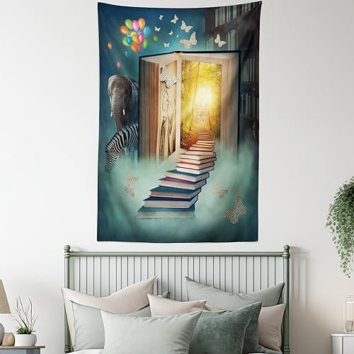 Ambesonne Fantasy Tapestry, Upstairs to Magic Book Forest Balloon Zebra Animal Butterflies, Wall Hanging for Bedroom Living Room Dorm Decor, 40" X 60", Teal Yellow - color: Teal and Yellow, size: 60"L x 40"W