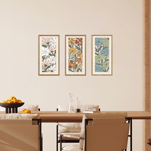 KAIRNE Vintage Colorful Floral Wooden Wall Art Set of 3,Abstract Boho Wood Decoration,Mid Century Modern Flower Wall Decor,Minimalist Wildflower Artwork for Living Room Bedroom Office,8X16 inch - color: Vintage Colorful Floral, size: 8"L x 16"W