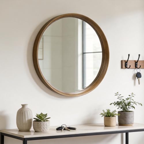 Brakki Round Wall Mirror with Wood Frame, 32 inch Circle Mirror for Bathroom Bedroom Entryway Vanity Living Room, HD Shatterproof Glass, Wall Mounted Decor, Hanging or Leaning, Walnut - size: 32"L x 32"W