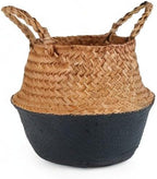 Woven Seagrass Belly Basket for Storage, Laundry, Picnic, Plant Pot Cover, and Grocery and toy storage (Small, Black)
