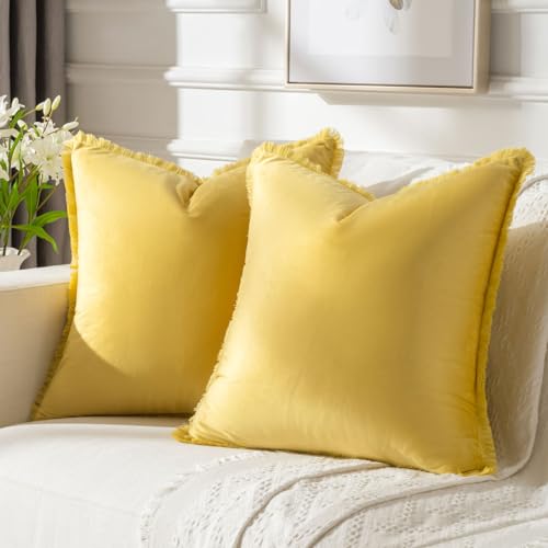 FUTEI Lemon Yellow Velvet Decorative Throw Pillow Covers 18x18 Set of 2,Soft Cozy Edge with Tassels Cushion Case,Boho Modern Home Decor for Couch Bed Living Room - color: Lemon Yellow, size: 18" x 18" (Pack of 2)