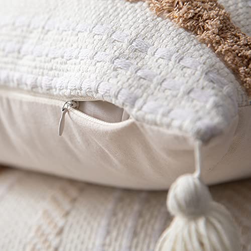 Boho Lumbar Throw Pillow Cover for Bedroom and Living Room Bohemian Tufted Decorative Cushion Cover Farmhouse Throw Pillow Case with Tassels (Cream, 12"x20") - size: 20" x 12" (Pack of 1)