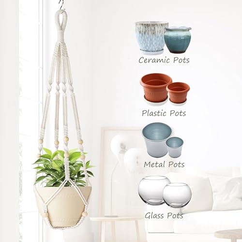 35 Inch Macrame Plant Hanger Indoor with Wood Beads and No Tassels,Strong Hanging Planter Flower Pot Holder for Indoor Outdoor Boho Home Decor,Set of 1,Ivory(Pots Not Included)