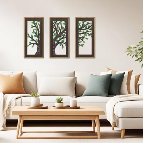 KAIRNE Wooden Tree Branch Framed Wall Art(Set of 3, 16”x8”),Abstract Tree of Life Hollow Artwork Decor,Rustic Birch Green Leaves Wood Decor,Modern Tree Farmhouse Decor for Living Room Bedroom Kitchen - color: Tree Branch, size: 8"L x 16"W