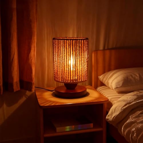 Handmade Rattan Lamp Boho Table Lamp for Bedroom, Stepless Dimming Small Woven Lamps for Night Stands with Warm White LED Bulb, Coastal Boho Lamp for Living Room Reading Nook Office Desk - color: Bohemian - Dimmable