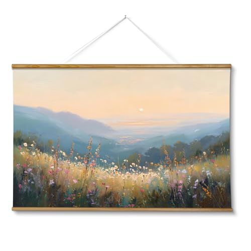 VIYYIEA Extra Large Size Canvas Wall Art, 36x54 Inch Sunset Mountain Valley with Wildflowers Scroll Painting, Oversized Landscape Wall Hanging for Living Room, Bedroom, or Cabin Decor - color: Sunlit Hills Beyond the Blooming Flowers