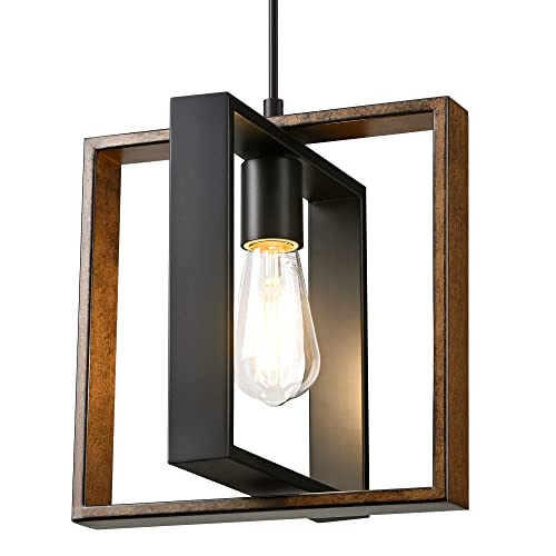 EDISHINE Farmhouse Pendant Light Fixture, Rustic Hanging Light Fixture with Wood Grain and Black Finish, Pendant Lighting for Kitchen Island, Dining Room, Hallway, Adjustable Cord