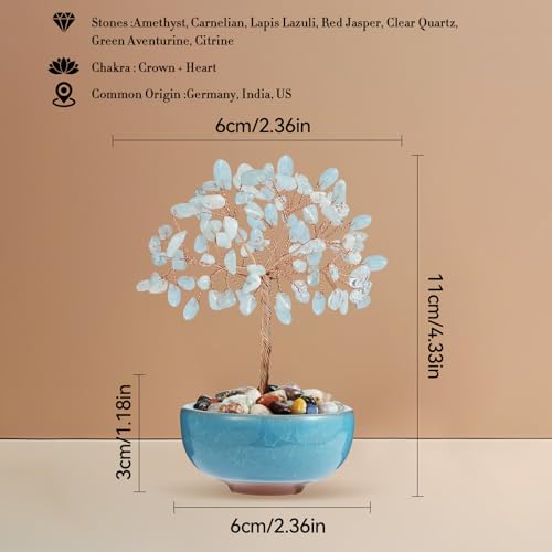 Aquamarine Crystal Tree with Ceramic Base,Natural Gemstone Feng Shui Money Tree for Wealth,Good Luck & Positive Energy,Handmade 5 Inch Healing Abundance Bonsai for Home Office Decor - color: Aquamarine Vase Tree-2