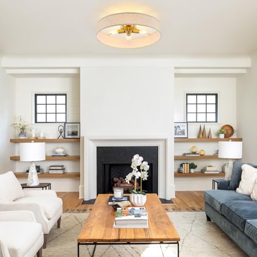VILUXY Gold Semi-Flush Mount Ceiling Light Fixture 24" Large Modern Ceiling Light with Linen Fabric Drum Shade 5-Light Round Ceiling Lamp for Bedroom Dining Room Entryway - color: Gold&Linen