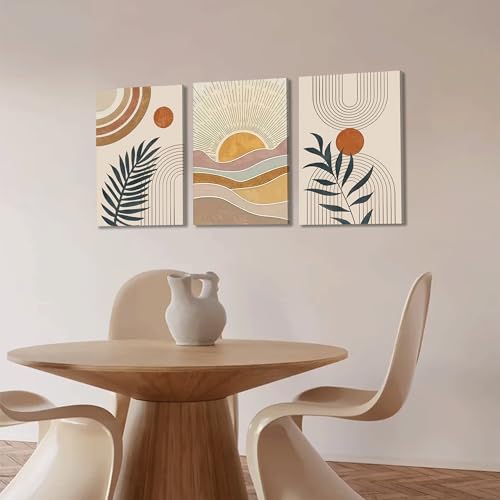 3Pcs Framed Boho Abstract Wall Art Orange Rainbow Sun Desert Minimalist Picture Mid-Century Modern Poster Prints Neutral Botanical Geometric Canvas Painting Wall Decor for Living Room 24L" x 16W" - color: Wrapped Canvas, size: 24L" x 16W"