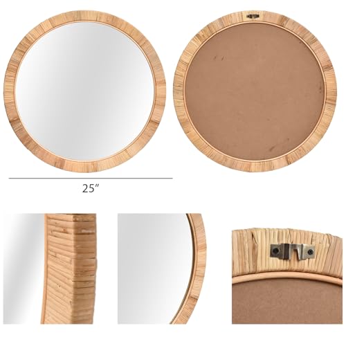 FUIN 25" Boho Chic Round Rattan Mirror - Handmade Wicker Frame - Perfect for Rustic Farmhouse Décor - color: Rattan, size: 25"L x 25"W