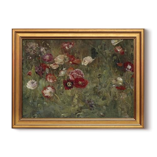 HUARCEY Framed Canvas Wall Art Prints, Bathroom Shelf Vintage Decor Aesthetic, Poppies Floral Paintings Farmhouse Wall Decor, Retro Table Desk Pictures for Bedroom Living Room, 12x16Inch - color: A Bed of Poppies, size: 16"L x 12"W