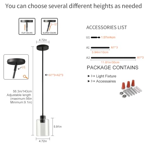 Black Pendant Lights Kitchen Island - Seeded Glass Pendant Light Fixture Multiple Stems Rods (3 Pack with Rod seeded Glass) - color: 3 pack with rod seeded glass