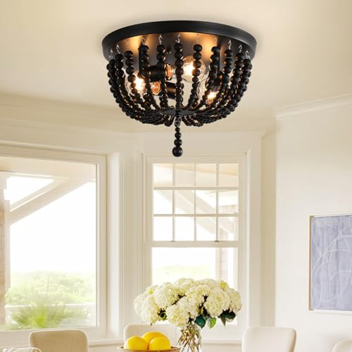 Black 14.1 inch Boho Chandelier,3-Light Wood Beaded Chandelier Light Fixture Bohemia Draped Bead Chandelier, Flush Mount Ceiling Light Fixture for Dinning Room Bedroom Hallway - color: Black 14.1"
