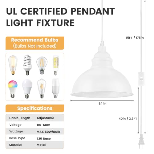 Plug in Pendant Light, 15FT Hanging Lights, On/Off Switch, Industrial Pendant Light with Plug in Cord, Metal Hanging Lamps for Living Room, Kitchen, Dining Room White - color: White