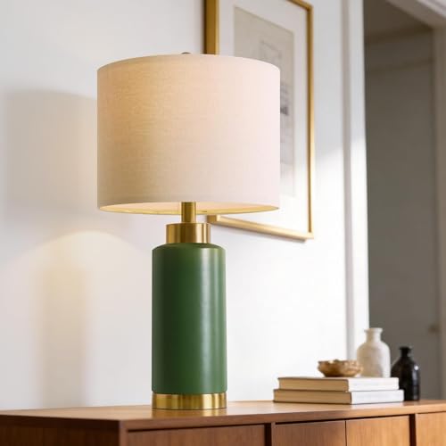 USumkky 25" Green Ceramic Table Lamp Set of 2, Modern Mid-Century Bedside Nightstand Lamps for Bedroom Living Room, Linen Shade & Gold Metal Base, Rotary Switch E26 (Bulbs Excluded) - color: 25" Green-2 Pack