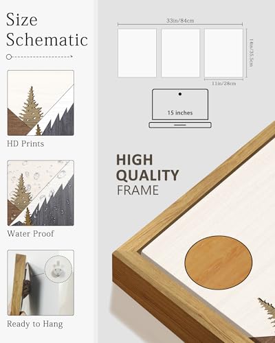KUVIOKE Morden Boho Mountains Framed Wall Art Pine Tree Forest Nature Landscape Artwork Painting Bohemain Farmhouse Rustic Home Decor 11x14in (Natural Framed) - color: Wooden Mountain Froest, size: 11 x 14in x 3 Panels Natural