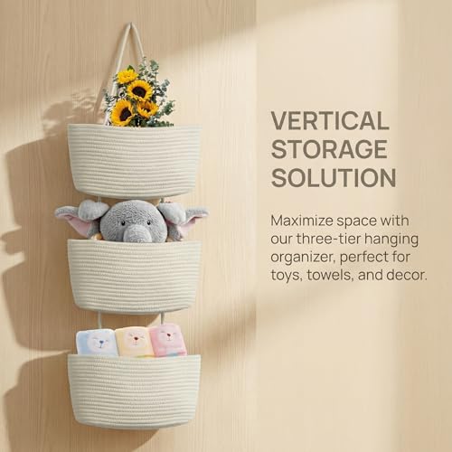 White 3-Tier Woven Cotton Rope Hanging Basket, Over the Door Organizer, Adjustable Detachable Wall Basket with Metal & Adhesive Hooks, No Drilling for Kitchen, Pantry & Fruit Produce Storage - style: White
