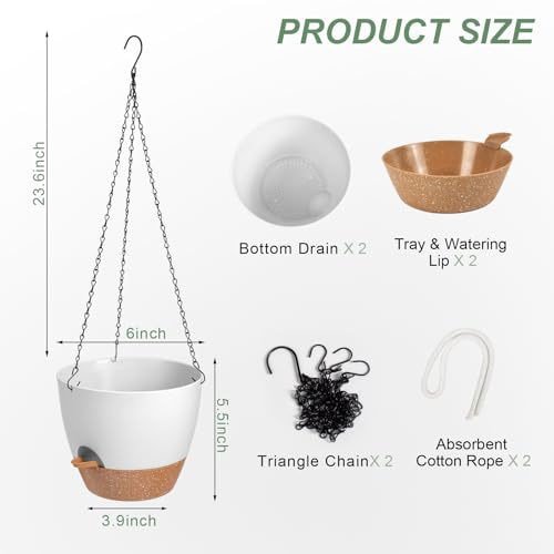 Vanslogreen Hanging Planters for Indoor Outdoor Plants, 2 Pack Self Watering Hanging Pot with Drainage Holes & Removable Tray (White, 6'') - color: White, size: 6''