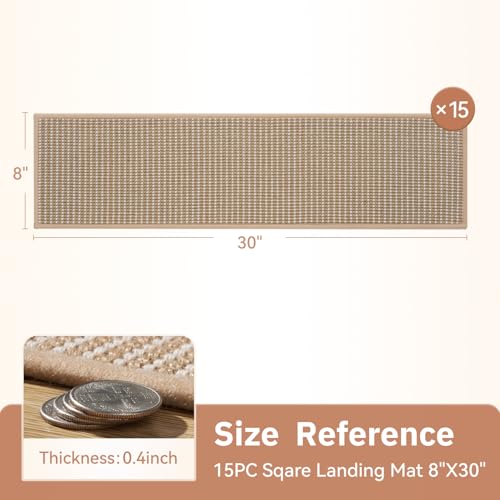 15PC Jute Stair Treads for Wooden Steps-Non Slip Peel and Stick Stair Treads Indoor, Adhesive Staircase Step Treads Residue Free, Cat-Friendly & Scratch-Resistant Durable Stair Runner Rug,8"x30" Beige - size: 8"x30"