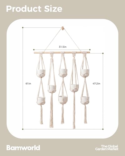 Bamworld Macrame Plant Hanger with Wooden Dowel Multi-Tier Hanging Planters for Indoor Plants Wall Mounted Hanging Plant Holder with 8 Pockets Boho Hanging Baskets for Wall Decor(Pot Not Included)