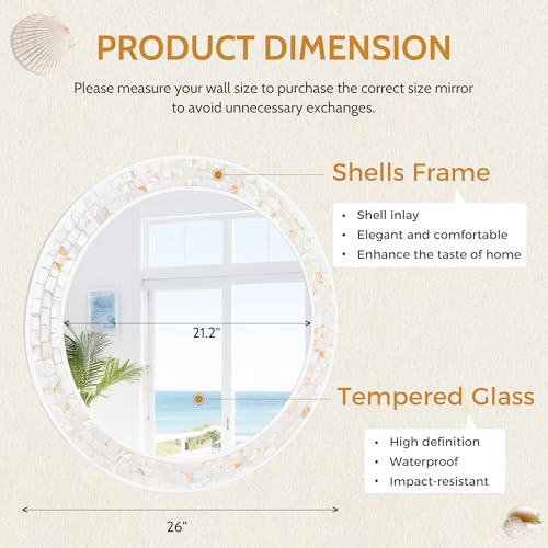 26 Inch Round Wall Mirror with Natural Shell Inlay Mosaic Frame, 3MM Tempered Glass Vanity Mirror, Pre-installed 2 D-Ring Hangers, Easy Install Decorative Circle Mirror for Bathroom Bedroom Entryway - color: White, size: 26"L x 26"W