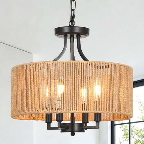 15.7'' Hand Woven Rattan Chandelier, 4-Light Boho Chandelier Rattan Pendant Light Fixture, Wicker Farmhouse Chandeliers for Dining Room Bedroom Living Room Foyer