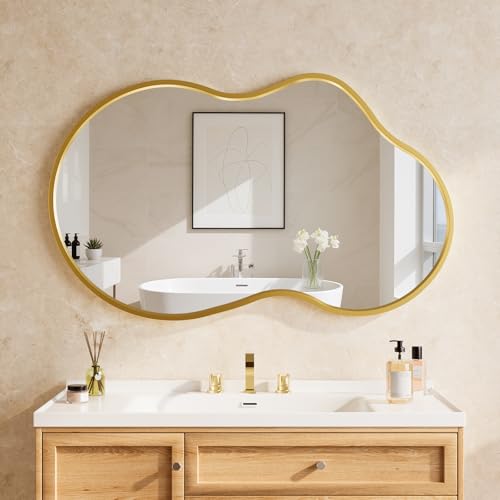 20”x 32” Gold Irregular Wall Mirror, Modern Bathroom Mirror, Aluminum Metal Framed, Wall Mirrors Decorative for Living Room Bedroom Entryway (Horizontal/Vertical) - color: Gold, size: 32"L x 20"W