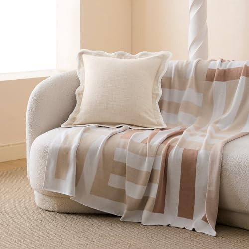 Double Stitch Scalloped Throw Pillow Covers - 100% Cotton Set of 2 Decorative Boho Pillow Covers 18 x 18, Made in India, Square Cushion Case, Modern Home Decor for Couch Sofa Living Room, Oat Milk - color: Oat Milk, size: 18" x 18" (Pack of 2)