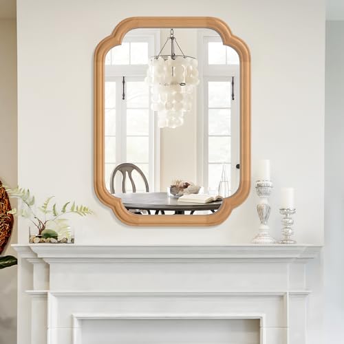 Ferytange Natural Wood Framed Mirror,18X24 Inch Bathroom Mirror for Over Sink Modern Rounded Corner Rectangle Wall Mounted Mirror (Horizontal/Vertical) - color: Natural Wood, size: 24"L x 18"W
