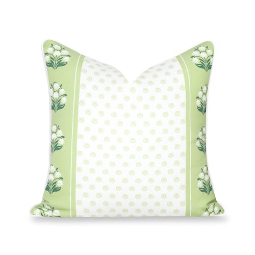 Hofdeco Premium Grandmillennial Coastal Hampton Patio Indoor Outdoor Throw Pillow Cover Only, 20"x20" Water Repellent for Backyard, Couch, Poolside, Grass Green Print Block Striped Lily of the Valley - color: Grass Green Block Print Striped Lily of the Va