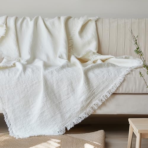 Simple&Opulence 100% Linen Throw Blanket 55x75 inches, Farmhouse Boho Tassel Blanket for Couch, Bed, Sofa, Breathable Natural Cozy Décor, White ﻿ - color: White