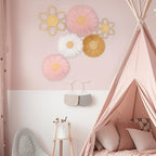 Soaoo 6 Pcs Boho Nursery Decor for Girl Daisy Flower Woven Macrame Wall Hanging Bohemian Nursery Wall Decor Flowers for Baby Girls Kids Dorm(Pink, White, Beige)