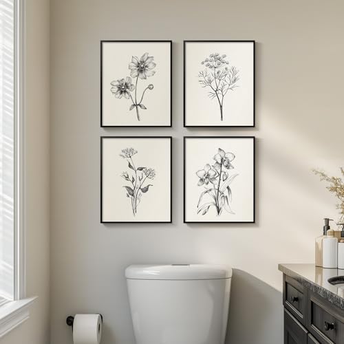 Framed Black and White Bathroom Wall Art, 4 Piece Vintage Floral Canvas Prints Artwork for Farmhouse, Rustic Minimalist Flower Botanical Pictures for Bedroom Living Room Wall Decor, 8x10x4 (Pack) - color: Sketch - Black Framed, size: 8" W x 10" H x 4pcs