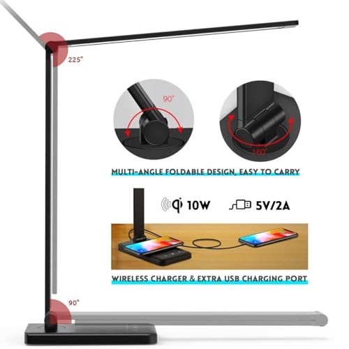 LED Desk Lamp with Wireless Charger, USB Charging Port, 10 Brightness, 5 Color Modes, Desk Lamps for Home Office, Dimmable Table Lamp Eye Caring Reading Light, Touch Control, Auto Timer, Black - color: Black, size: PRO
