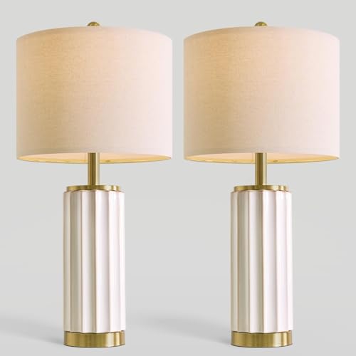 USumkky 25.75" Off-White Ceramic Table Lamp Set of 2, Mid Century Modern Bedside Nightstand Lamps for Bedroom Living Room, Linen Shade & Gold Metal Base, Rotary Switch E26 (Bulbs Excluded) - color: 25.75" Fluted Column-2 Pack