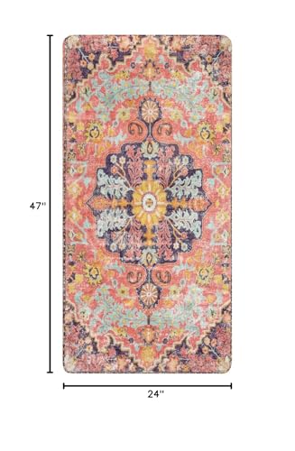 Lahome Reine Bohemian Floral Medallion Runner Rug, 2x4 Pink Bathroom Rug Runner, Machine Washable Non-Slip Hallway Mat Indoor Laundry Carpet Runners for Kitchen Living Bedroom, Fuchsia/Multi - color: Fuchsia/Multi, size: 2' x 4' (Runner)