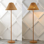 JONATHAN Y 61" Brown Wood Finish 2-Light Coastal Bohemian LED Floor Lamp for Living Room, Brown Rattan Shade, Mid-Century Modern Tall Standing Lamp, Pull-Chain, LED Bulbs Included JYL3092A - color: Brown Wood