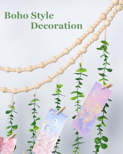 Boho Wall Decor with Photo Hanging Clips, Wooden Beads Garland with Greenery Eucalyptus Decor, Aesthetic Room Essentials for Bedroom, Office Cubicle, Home Wall Decoration