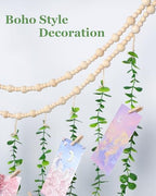 Boho Wall Decor with Photo Hanging Clips, Wooden Beads Garland with Greenery Eucalyptus Decor, Aesthetic Room Essentials for Bedroom, Office Cubicle, Home Wall Decoration