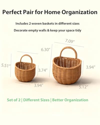 2 Pack Wall Hanging Rattan Baskets, Hand-Woven Storage Basket, Small Wall Hanging Baskets for Kitchen, Washable Decorative Basket, Potato Garlic Onion Storage Baskets - style: Minimal Style