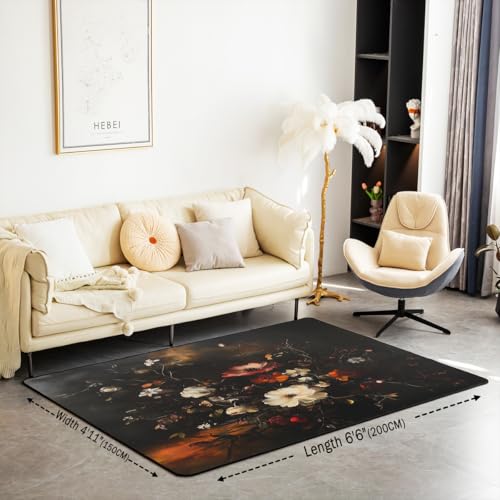 Erosebridal Vintage Floral Area Rug 6'6" x 4'11" Dark Flower Living Room Rugs Retro Botonical Fall Decorative Carpet Vintage Aesthetic Indoor Floor Mat - color: Black White Red, size: 4'11" x 6'6" (Rectangular)
