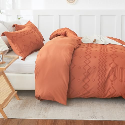 EMME Boho Duvet Cover Twin Size Pumpkin - 2 Pieces Soft & Breathable Tufted Boho Shabby Chic Embroidery Bedding Set for All Seasons, 1 Duvet Cover with 1 Pillow Shams & Zipper Closure (Pumpkin, Twin) - color: 23 - Pumpkin, size: Twin(68"×90")