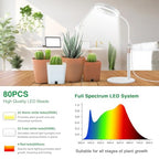 Aumtrly Grow Lights for Indoor Plants, 80 LED Full Spectrum Desk Plant Light for Growing Small Plant, Height Adjustable 24.5" Halo Grow Lamp with Base, 6/12/16H Timer, 3 Light Modes, 5 Dimming - size: 1 head 24.5inch/white